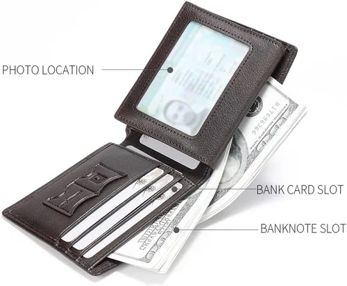 Miniatura 59 de Billetera de piel triple con bloqueo RFID para hombre con 2 ventanas de identificación, 2 compartimentos para efectivo, 6-8 ranuras para tarjetas