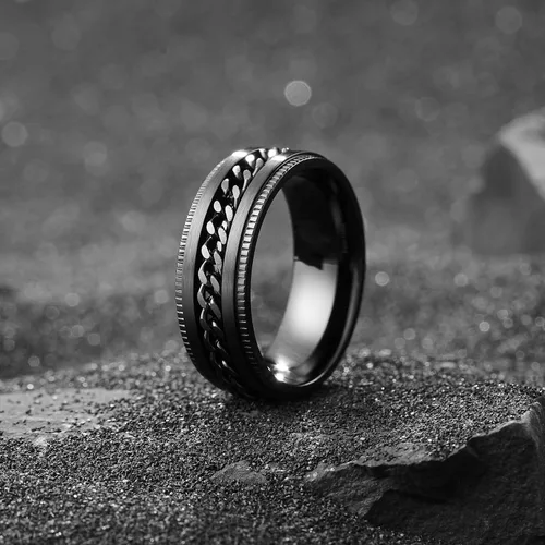 Miniatura 60 de King Will - Anillo antiestrés de acero inoxidable 316L para hombres y mujeres, con cadena decorativa giratoria, 8 mm de ancho, anillo de boda