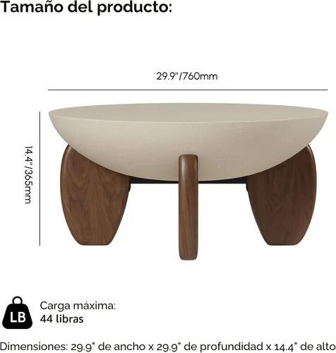 Miniatura 2 de homary - Mesa de café redonda de hormigón con patas premium de madera de nogal y fresno, mesa central de acabado de cemento moderno minimalista