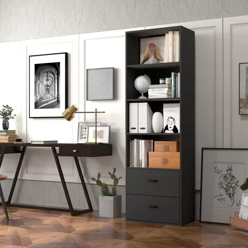 Miniatura 2 de LOKO Estantería de 74 pulgadas de alto, gabinete de almacenamiento alto moderno de 6 niveles con 2 cajones y 4 estantes abiertos, estantería de Negro