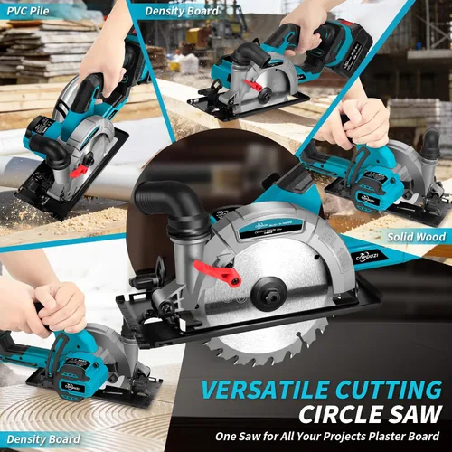 Miniatura 7 de Sierra circular inalámbrica de 6 pulgadas, Sierra Circular Inalambrica con 2 baterías de 6.0 Ah, sierra circular de mano sin escobillas de 7000 RPM