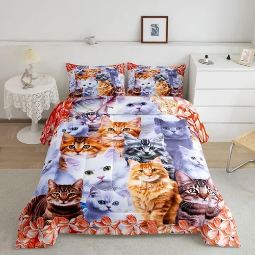 Miniatura 25 de Feelyou Juego de edredón para niños, diseño de gatos de dibujos animados, tamaño twin, lindo juego de ropa de cama de gatitos para adolescentes