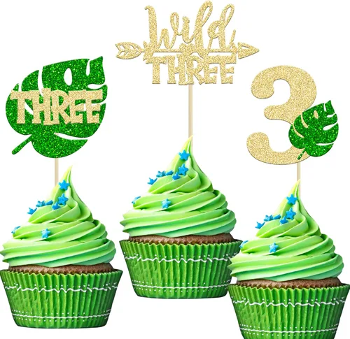 Paquete de 24 adornos para cupcakes de hojas de Monstera con purpurina de safari en la selva, tres púas para cupcakes número 3, decoración de Green-3