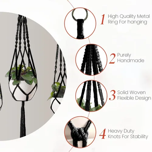 Miniatura 2 de Feedee Ganchos de macramé para plantas, paquete de 6, color negro, interior/exterior, algodón