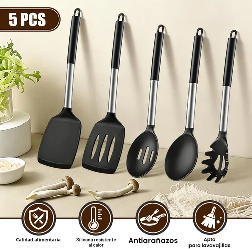 Miniatura 4 de Juego de utensilios de cocina de silicona, 5 piezas, herramientas de cocina resistentes al calor, incluye espátula sólida y ranurada, cuchara
