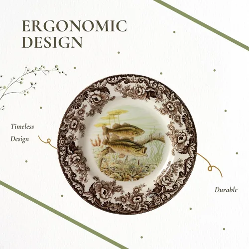 Miniatura 6 de Spode Woodland - Plato de ensalada de porcelana fina, diseño de lucioperca con borde floral marrón, vajilla clásica de campo inglés para cenas
