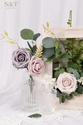 Miniatura 510 de N&T NIETING Flores artificiales, rosas artificiales de color rosa intenso, 50 piezas de flores falsas con tallo para ramos de boda DIY, centros