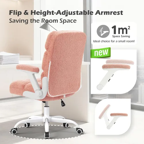 Miniatura 6 de SEATZONE Silla de oficina rosa ergonómica con ruedas, silla de escritorio para computadora de felpa sintética, silla de oficina cómoda para mujeres