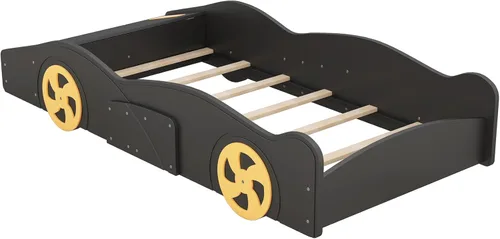 Miniatura 9 de Cama de plataforma en forma de auto de carreras de tamaño individual con ruedas y almacenamiento, base de cama de plataforma de madera maciza
