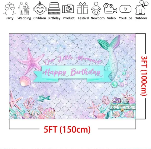 Miniatura 4 de Mocsicka Telón de fondo de sirena de cumpleaños con purpurina púrpura bajo el mar, decoración de fondo para fiesta de cumpleaños para niñas, conchas