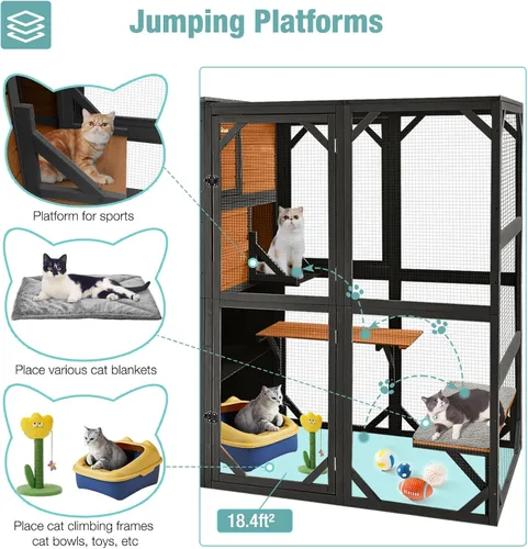 Miniatura 3 de Big Catio - Casa para gatos al aire libre, refugio de madera para gatos de 4 niveles con gran espacio interior (marrón, extragrande)