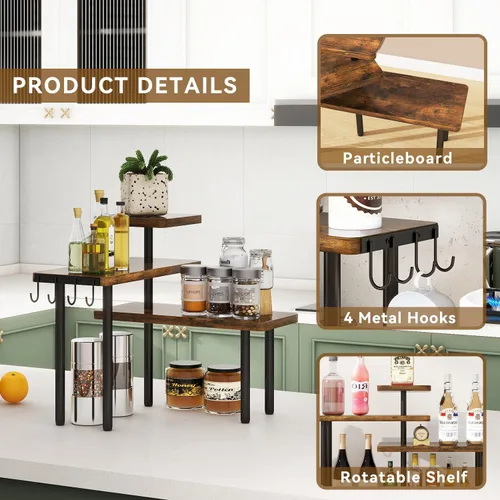 Miniatura 4 de IBUYKE Organizador de Encimera, Estantes de Especias de 3 Niveles, Estante de Esquina para Mostrador de Cocina, 4 Ganchos Laterales, Estante Marrón