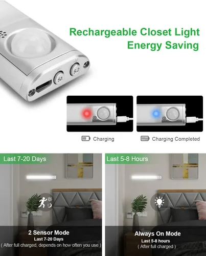 Miniatura 5 de goodland Iluminación debajo del gabinete, 80 luces LED para armario, luces con sensor de movimiento, recargable por USB, regulable, barra de luz