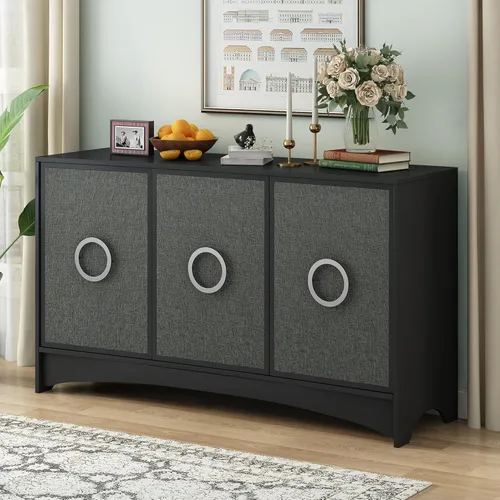 Miniatura 11 de Aparador de madera con puerta de ratán artificial y asas de metal, 4 puertas y estante ajustable, mesa de consola para comedor, sala de estar