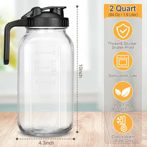 Miniatura 2 de Jarra de vidrio con tapa, 2 cuartos (64 onzas), jarra de agua de boca ancha, frasco hermético y a prueba de fugas, recipiente de vidrio resistente