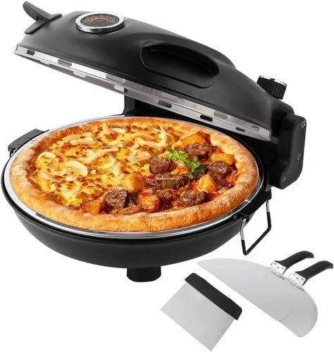 Horno eléctrico de pizza de 12 pulgadas para interiores, portátil, máquina de pizza horneada con piedra calienta hasta 800˚F, control de temperatura