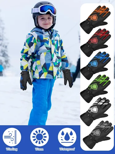 Miniatura 6 de 6 pares de guantes de invierno para niños, impermeables, guantes de esquí para nieve, cálidos, dedos completos, snowboard, guantes unisex para clima