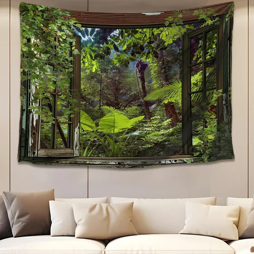 Miniatura 17 de QGHOT Tapiz de bosque brumoso, tapiz de montaña natural para colgar en la pared, paisaje de acuarela verde salvia, arte de pared para dormitorio
