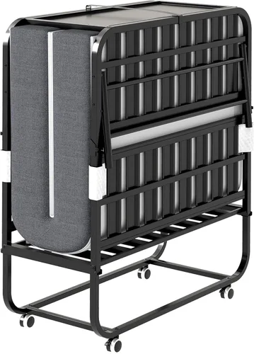 Miniatura 10 de Cama plegable de 75 x 31 pulgadas con colchón para adultos, cama enrollable portátil con ruedas, cabecero y bolsillo, colchón de espuma
