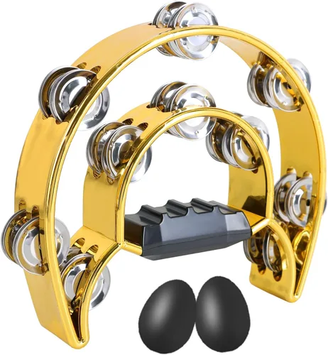Miniatura 10 de EASTROCK - Pandereta de música, instrumento de percusión de fila única, campana de metal con flores, pandereta de mano, tambor de mano de metal