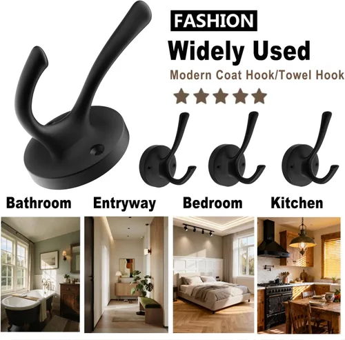 Miniatura 7 de TOFIIGREM Ganchos de pared negros para toallas, paquete de 3 ganchos para abrigos, ganchos para bata, gancho de metal resistente, doble gancho