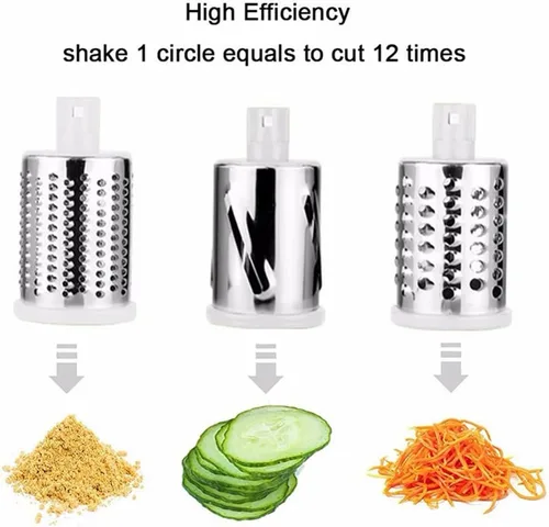 Miniatura 6 de Rallador rotativo de queso, 3 cuchillas de tambor, velocidad manual, redondo, rebanador de alimentos, molinillo de nueces con base de succión fuerte