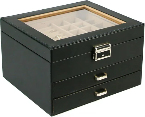 Miniatura 2 de Ogrmar Joyero de piel sintética de 3 niveles con cerradura para hombres y mujeres, vitrina y organizador con tapa de vidrio transparente