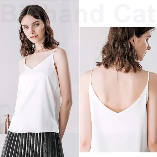 Miniatura 3 de IIG Camiseta clásica de satén de seda para mujer, blusa sexy con cuello en V, camiseta sin mangas para mujer, chaleco con tirantes delgados