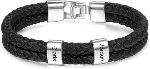 Pulseras de cuero personalizadas para hombre, pulsera con nombre para papá, grabado gratuito, cuentas de nombre de familia, pulseras de