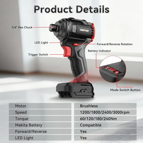 Miniatura 7 de NANWEI Destornillador de impacto sin escobillas de 20 V, par máximo de 2100 In-lbs (240 N·m), vástago hexagonal de 1/4 pulgadas, 2 baterías de 2.0