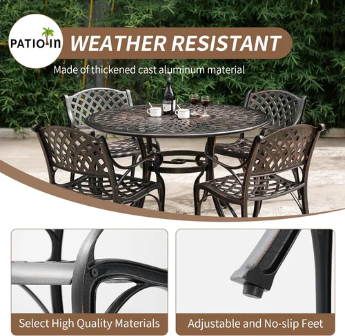 Miniatura 7 de Juego de 4 sillas de patio de aluminio fundido para todo tipo de clima, sillas de patio al aire libre con reposabrazos, muebles de patio, sillas
