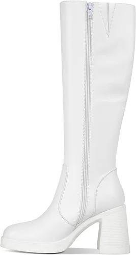 Miniatura 3 de SOVANYOU Botas de cuero negro con plataforma para mujer, botas de tacón grueso con punta cuadrada