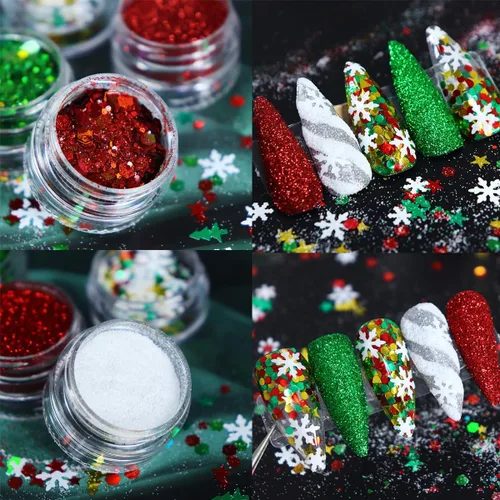 Miniatura 6 de Dijes de uñas de Navidad con purpurina en polvo rojo y verde para uñas, lentejuelas, holográfico, blanco, diamante, hielo, aurora, azúcar, arena