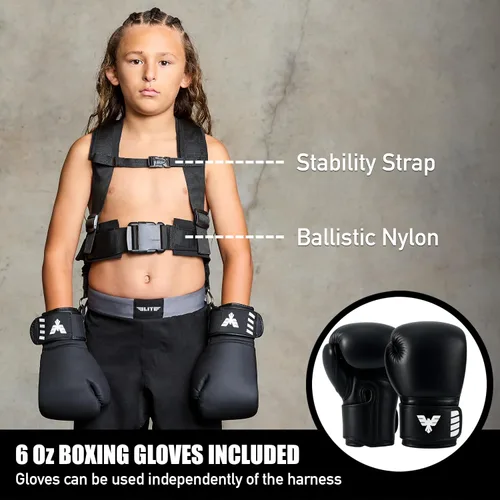 Miniatura 2 de Elite Sports Arnés de boxeo para niños con guantes de 6 onzas, bandas de resistencia ajustables (3 niveles), correa de estabilidad, hombros