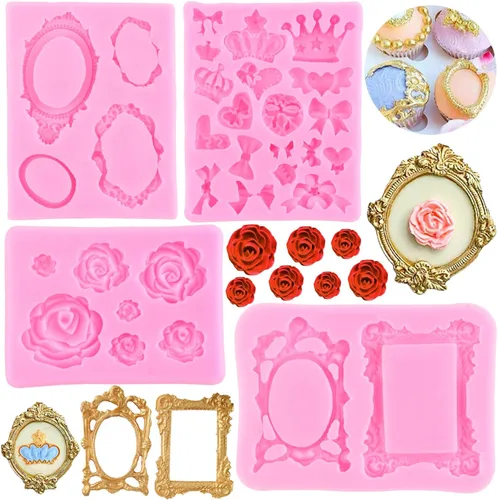 ZiXiang Marco de fotos vintage para fondant, molde de silicona, moldes de corona, arco de rosa, para decoración de pasteles, decoración de cupcakes,