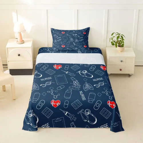 Miniatura 63 de Erosebridal Nurse Sheet Set Stethoscope Twin Sheets Set for Teen Boys,Colorful Medical Healthcare Heartbeat Syringe Fitted Sheet