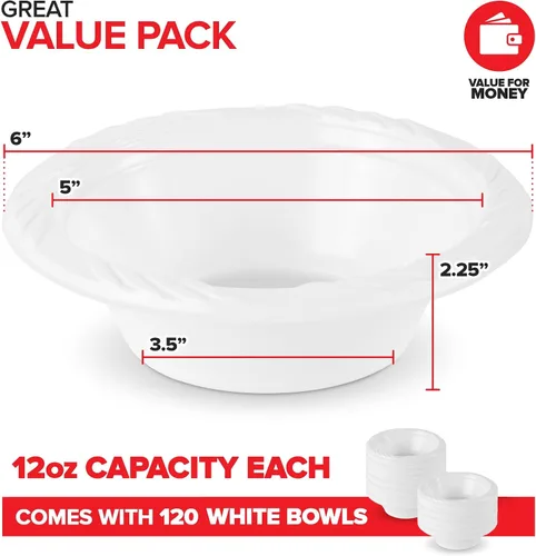 Miniatura 2 de Stock Your Home Paquete de 120 cuencos elegantes de plástico blanco de 12 onzas para fiestas, tazón pequeño desechable para cenas o cócteles, sopa