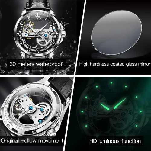 Miniatura 6 de OLEVS Relojes de esqueleto para hombre, automático, mecánico, de lujo, de cuero, impermeable, luminoso, reloj de pulsera para hombre
