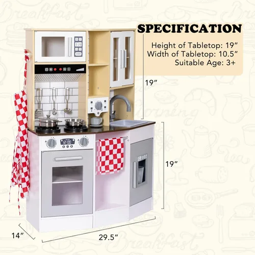 Miniatura 7 de BRINJOY Juego de cocina para niños, cocina de madera para niños con grifo, fregadero, estufa, horno, utensilios de cocina, gabinetes de Blanco