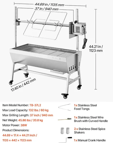 Miniatura 7 de VEVOR Parrilla asadora, asador de cerdo y cordero al aire libre de 37 pulgadas, asador de asador de carbón con capacidad de 132 libras, ruedas