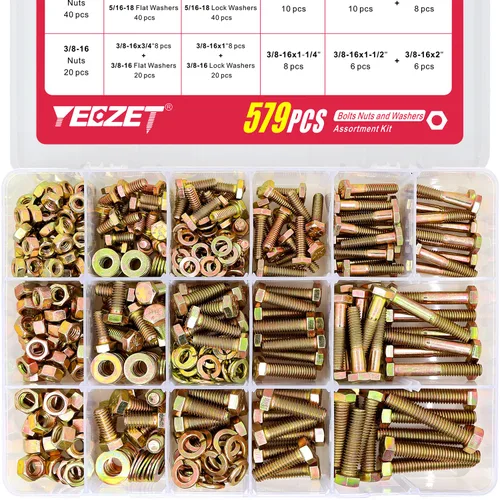 Miniatura 8 de Kit de 236 arandelas de pernos y tuercas resistentes de grado 8, 1/4-20 5/16-18 3/8-16, tornillos hexagonales, tuercas, kit surtido, incluye 13