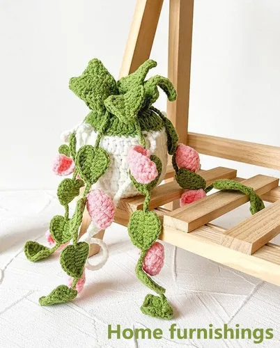 Miniatura 3 de Planta colgante de ganchillo para automóvil, colgador de espejo de automóvil de punto, cesta colgante de ganchillo para plantas de automóvil, lindos
