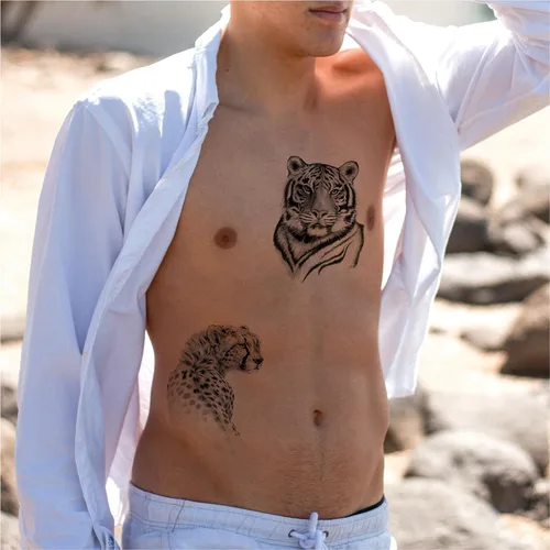 Miniatura 6 de Tatuaje temporal de tigre 3D para hombres y mujeres, gran negro de media manga, realista, animal tigre, tatuaje falso para adultos y adolescentes