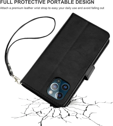 Miniatura 8 de Bocasal Funda tipo cartera desmontable para iPhone 13 Pro Max con bloqueo RFID, ranuras para tarjetas, soporte de cuero PU premium, soporte Negro