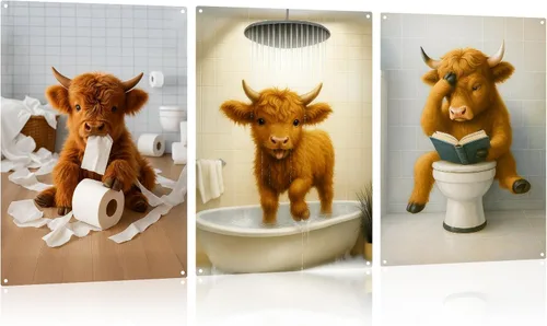 Madewell Living Divertido letrero de metal de vaca de las montañas, arte de pared, decoración rústica de baño, fotos de vaca marrón para baño, baño,
