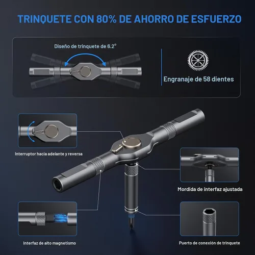 Miniatura 3 de Juego de destornilladores de trinquete magnéticos 74 en 1, destornillador de trinquete con mango en T con puntas de acero S2, diseño desmontable