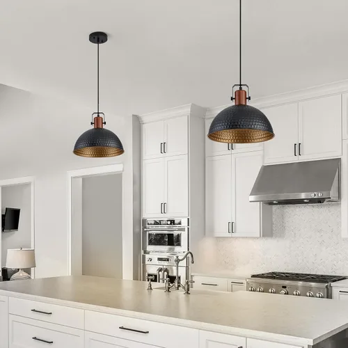Miniatura 7 de Luces Colgantes Negras de 12 Pulgadas Martilladas Mate Luces Colgantes para Isla de Cocina Industrial Granja Altura Ajustable Luminarias Colgantes