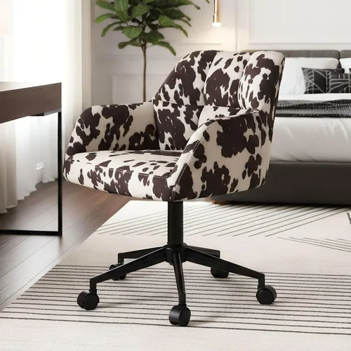 Silla de escritorio moderna giratoria para oficina en casa con ruedas, terciopelo estampado de vaca, altura ajustable, cómoda, ergonómica, tapizada,