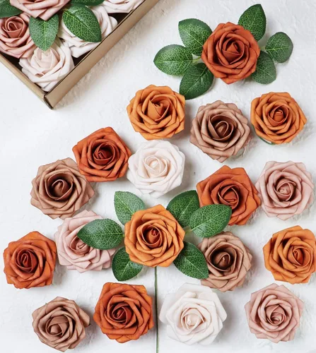 Miniatura 2 de Flores artificiales, 25 unidades, tonos de naranja quemado, rosas de espuma de aspecto real, rosas falsas con tallos para ramos de boda, centros