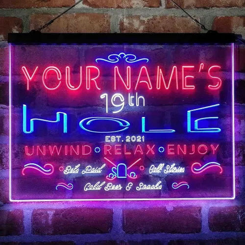Miniatura 15 de Personalized 19th Hole Golf Club Tri-Color LED Neon Light Sign Customize Name Date Text Quote Font Green & Red & Yellow 13 x 8.7 Inches